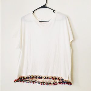 NWOT Ban.do White T-shirt with Multicolor Pom Poms
